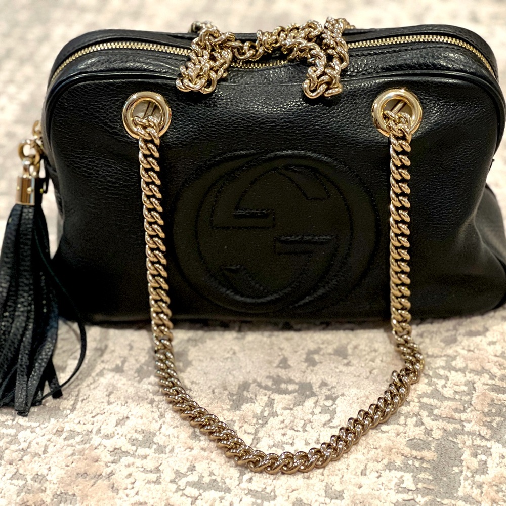 Gucci Soho Medium Double Chain shoulder strap Black Leather Bag, with receipt